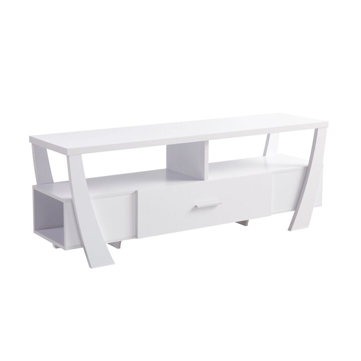 Ayan 60 Inch TV Entertainment Console, 3 Shelves and 1 Drawer, Crisp White-Benzara