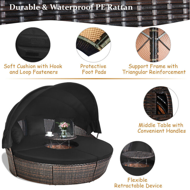 Patio Round Rattan Daybed with Retractable Canopy and Height Adjustable Coffee Table image number 6