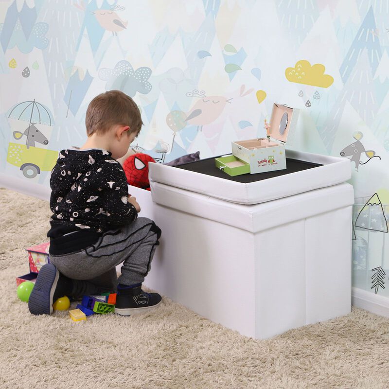 43" L Folding Storage Ottoman Bench with Flipping Lid - Faux Leather Storage Chest with Iron Frame Support