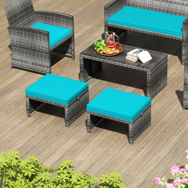 2 Pieces Patio PE Rattan Ottomans with Soft Zippered Cushions for Deck