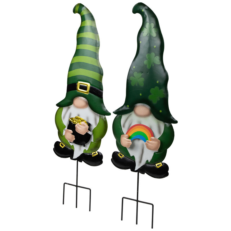 Pot of Gold and Rainbow St Patrick's Day Gnomes Outdoor Garden Stakes - 27.5" - Set of 2