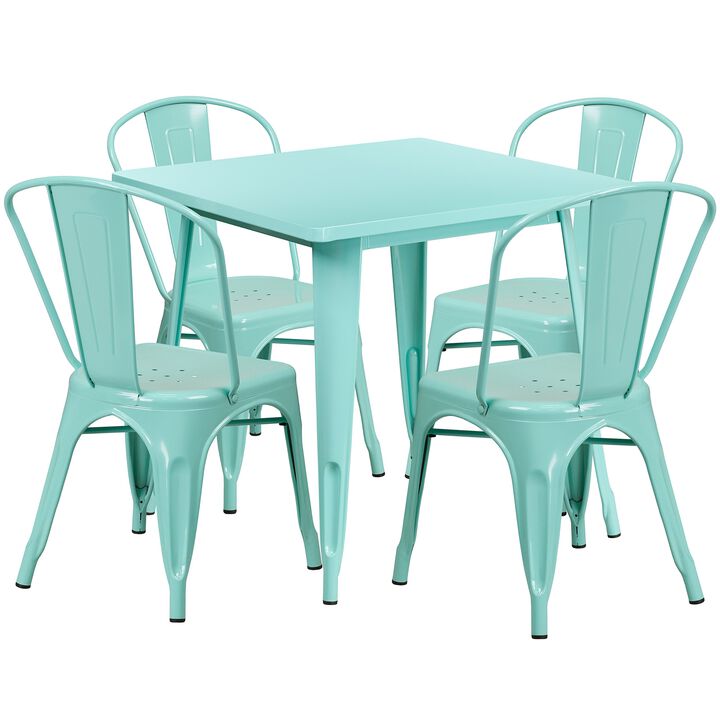 Flash Furniture Commercial Grade 31.5" Square Mint Green Metal Indoor-Outdoor Table Set with 4 Stack Chairs