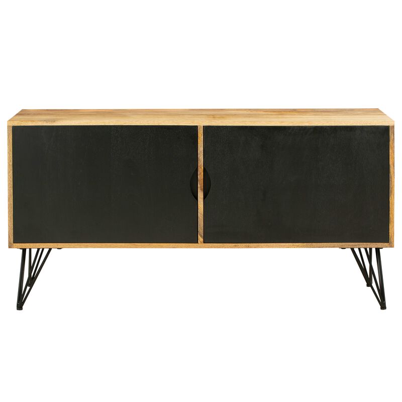 TV Entertainment Unit with 2 Doors and Wooden Frame, Oak Brown and Black-Benzara