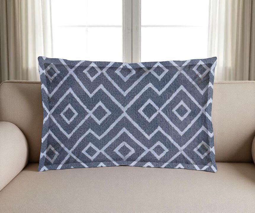 HomeRoots 13" X 21" Blue And Gray Diamond Linen Throw Pillow Cover with Embroidery