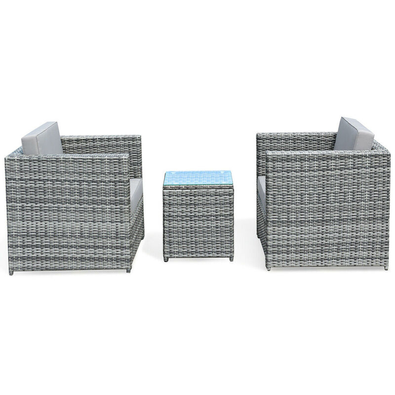 3-Piece Patio Garden Rattan Furniture Set with Cushioned Sofa and Coffee Table