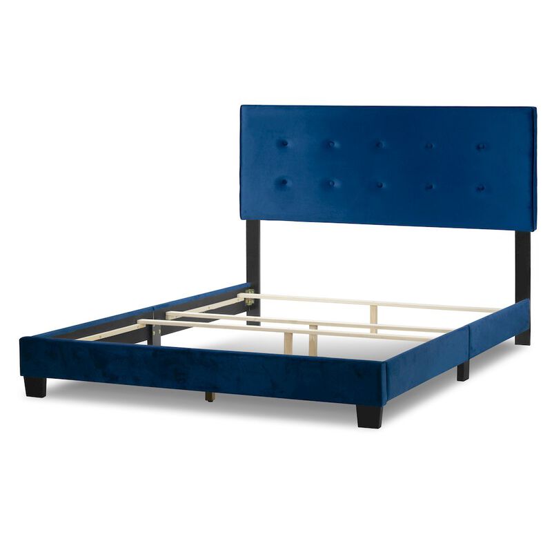 Glamour Home Auryon Navy Blue Velvety Fabric Queen Bed with Button Tufting