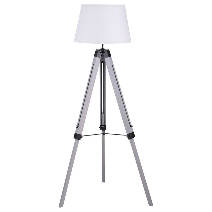 56 Inch Floor Lamp, White Tapered Drum Shade, Weathered Gray Tripod Base - Benzara