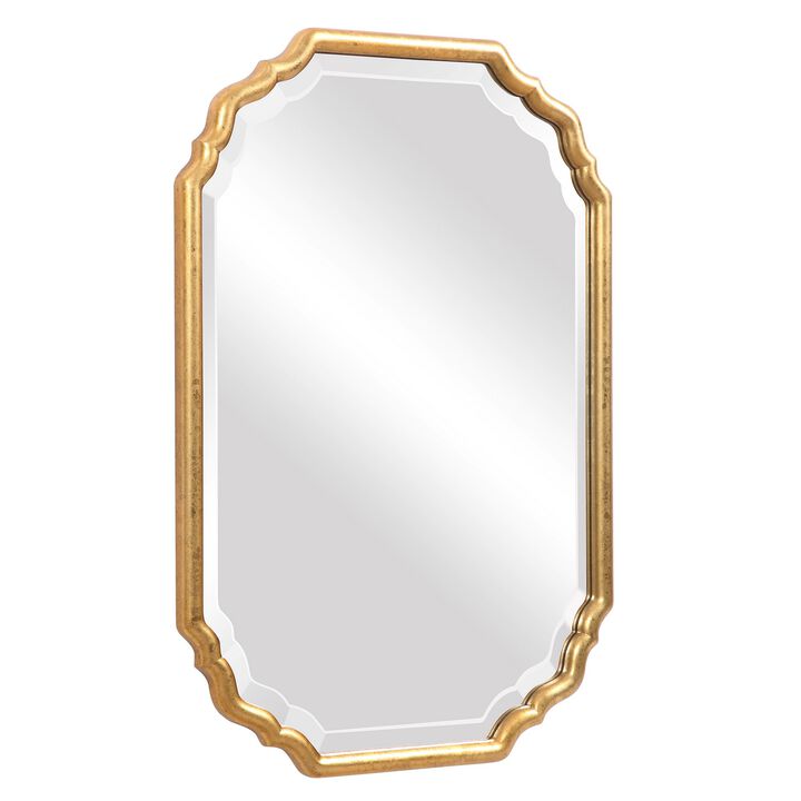 32 Inches Curved Design Wooden Vanity Mirror, Gold - Benzara
