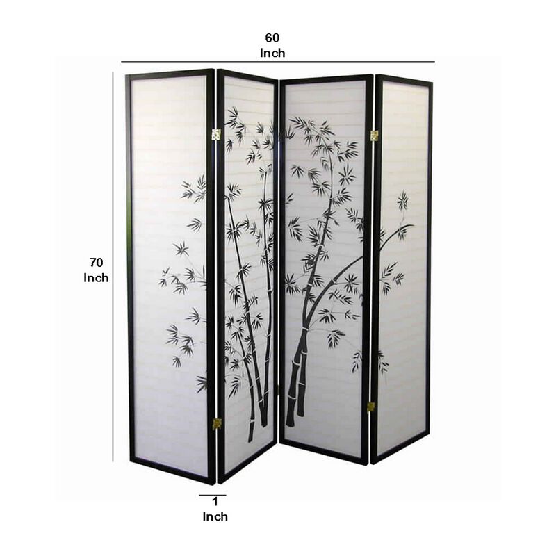 Wood and Paper 4 Panel Room Divider with Bamboo Print, White and Black image number 4