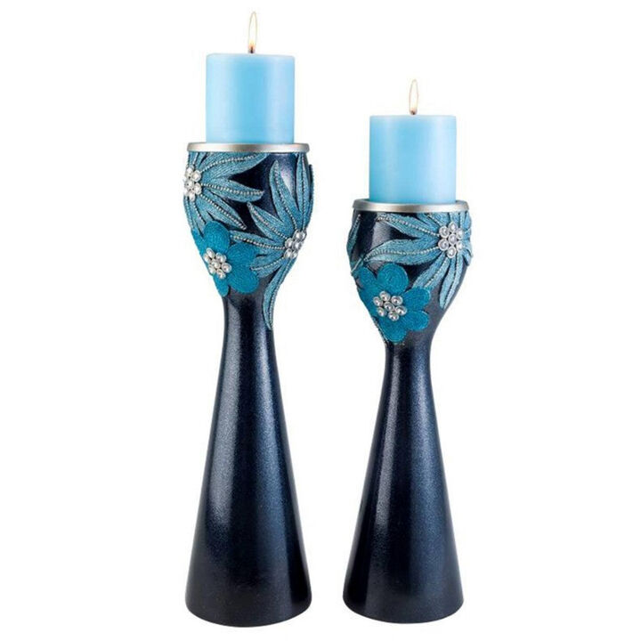Homezia Set Of Two Navy and Aqua Floral Bling Candle Holders with Candles