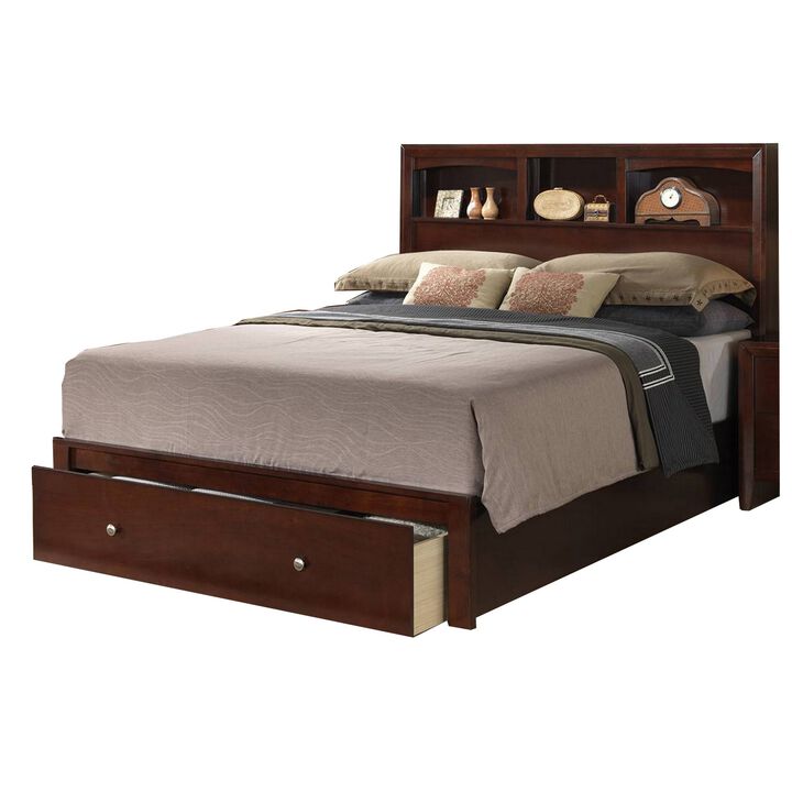 Queen Bed with Storage Footboard, Bookcase Headboard, Modern Cherry Brown-Benzara