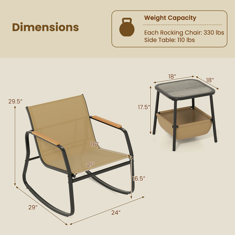 Brown 3-Piece Outdoor Rocking Bistro Set with Side Table and Storage Bag image number 2
