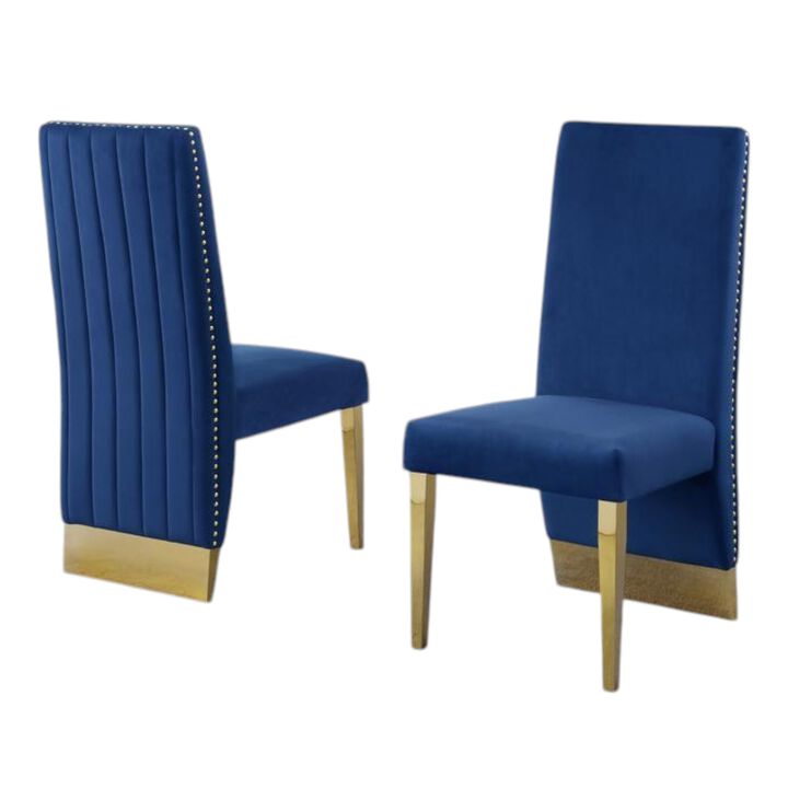 Set of 2 Navy Velvet Tufted Side Chairs with Gold Legs and Nailhead Trim