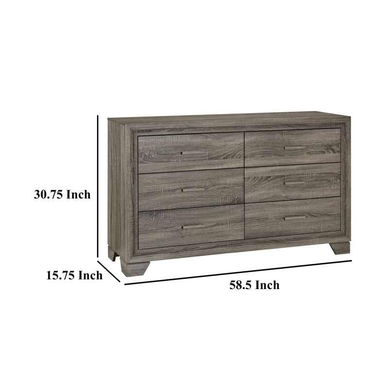 Reay Wide Dresser, Brown Oak Finish, 6 Drawers Silver Metal Handles - Benzara