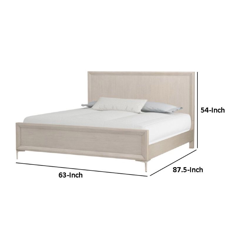 Kaira Queen Size Bed with Metal Accents, Natural Oak Solid Rubberwood - Benzara