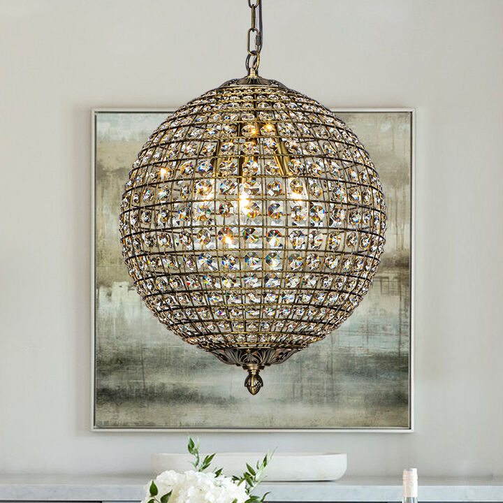 3-Light 16" Retro Antique Gold Crystal Globe Chandelier With Crystal Accents