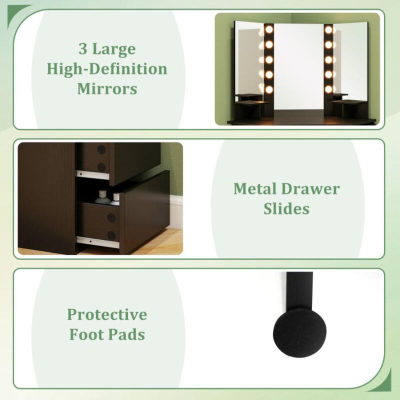 Hivvago Corner Vanity Desk with 3-Color LED Lighted Mirror and Power Outlet