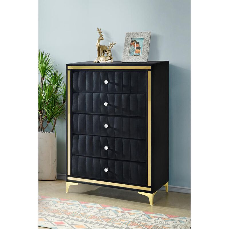 Upholstered 5-Drawer Chest Dresser with Gold Legs and Gold Trim