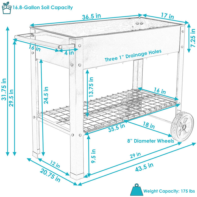 Sunnydaze 43 in Galvanized Steel Mobile Raised Garden Bed Cart