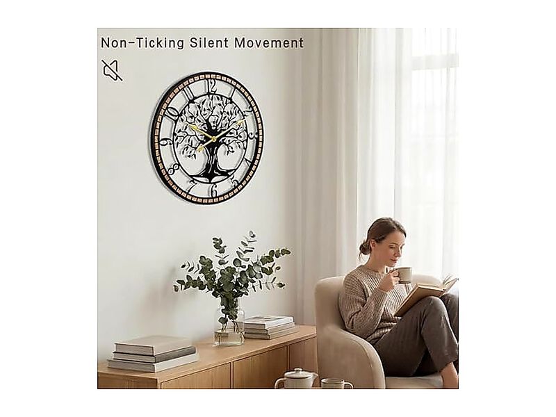 Wall Clock 14 Large Living Decor Tree Life Wood Frame Design Non Ticking Battery image number 2