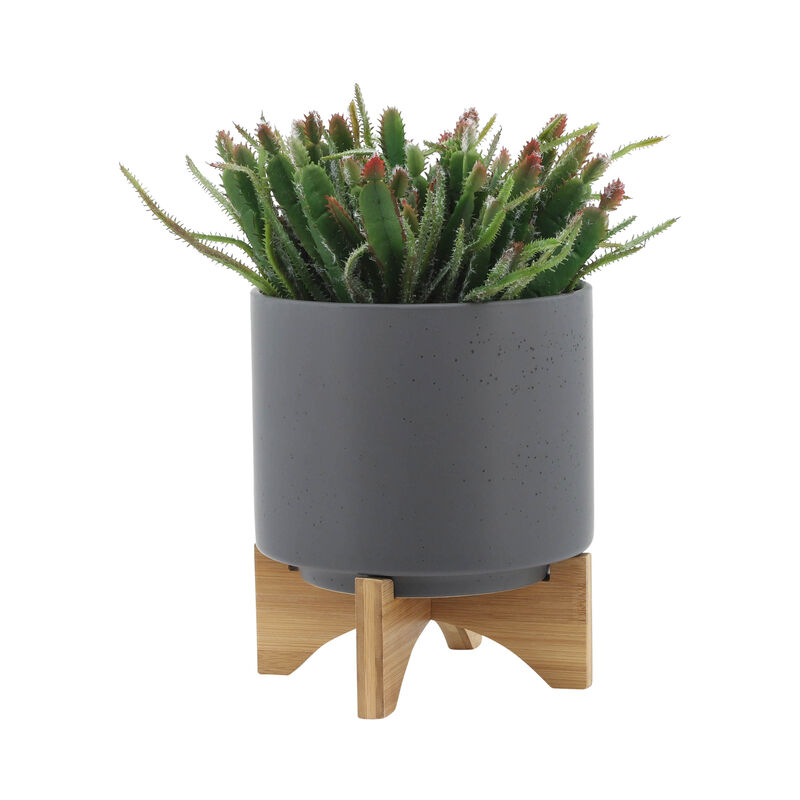 Planter with Wood Stand, Matte Gray