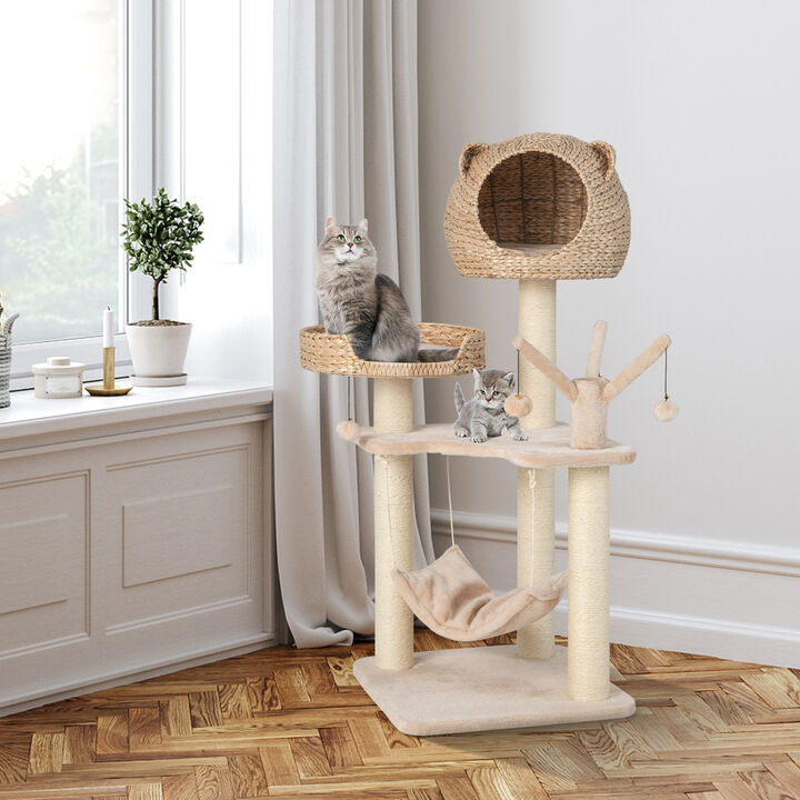 Multi-Level Cat Tree with Condo Hammock and Rotatable Hanging Balls-Natural