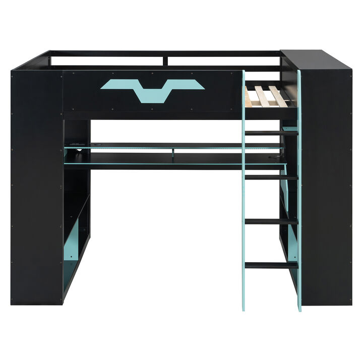 Whisen Full Size Loft Bed with RGB Lights, Power Outlet & Shelves, Wood Gaming Desk for Bedroom