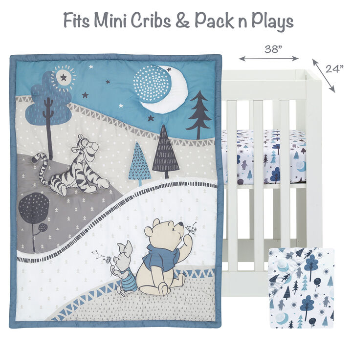 Lambs & Ivy Disney Baby Forever Pooh Blue/Gray 3-Piece Mini Crib Bedding Set