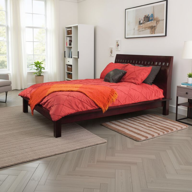 Mox King Platform Bed, Espresso Brown Wood, Cut Out Headboard, Block Legs - Benzara