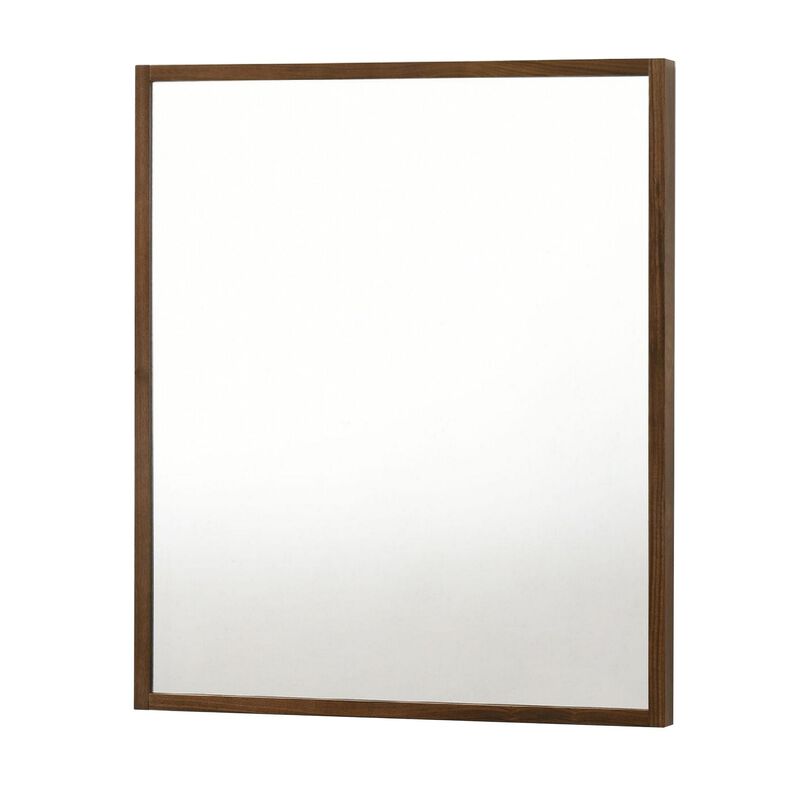Noe 40 Inch Modern Wall Mirror, Sleek Wood Frame, Walnut Veneer - Benzara