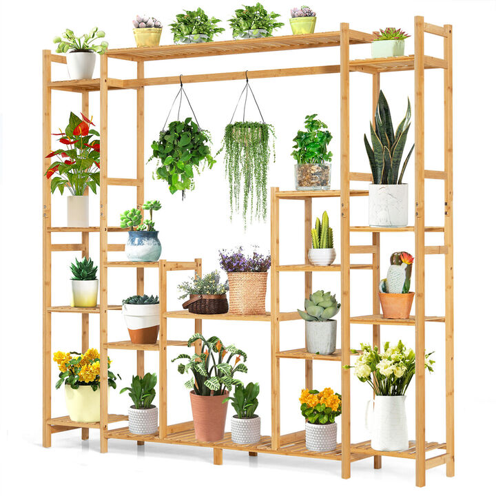 Natural 9-Tier Wicker Plant Stand with Hanging Rack