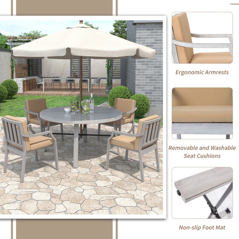 Mondawe Outdoor Patio 5-Pcs Acacia Wood Dining Set,Table With Umbrella Hole & 4-Seater Iron Chairs