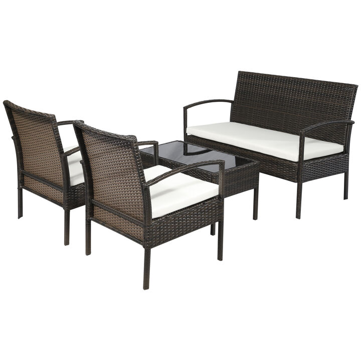 Outsunny Patio Furniture Set, 4 Piece Indoor Outdoor PE Wicker Conversation Set with Chairs, Loveseat Sofa, Cushions, Glass Table for Backyard, Sunroom, Pool, Garden, Brown