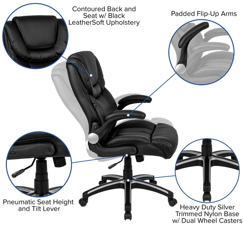 Hansel High Back Black LeatherSoft Executive Swivel Office Chair with Double Layered Headrest and Open Arms image number 6