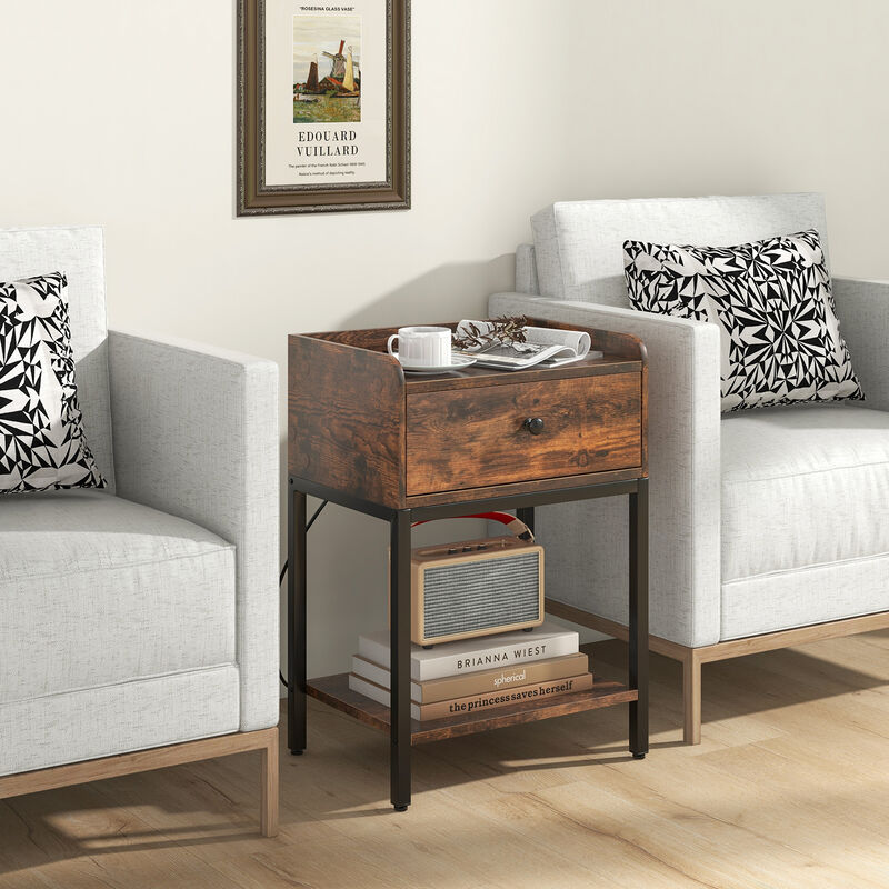 Industrial Bedside Table Nightstand with Charging Station-Rustic Brown image number 2