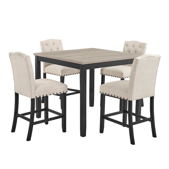 Phy 5pc Counter Table and Chairs Set, Nailheads, Tufted Beige, Brown, Black - Benzara