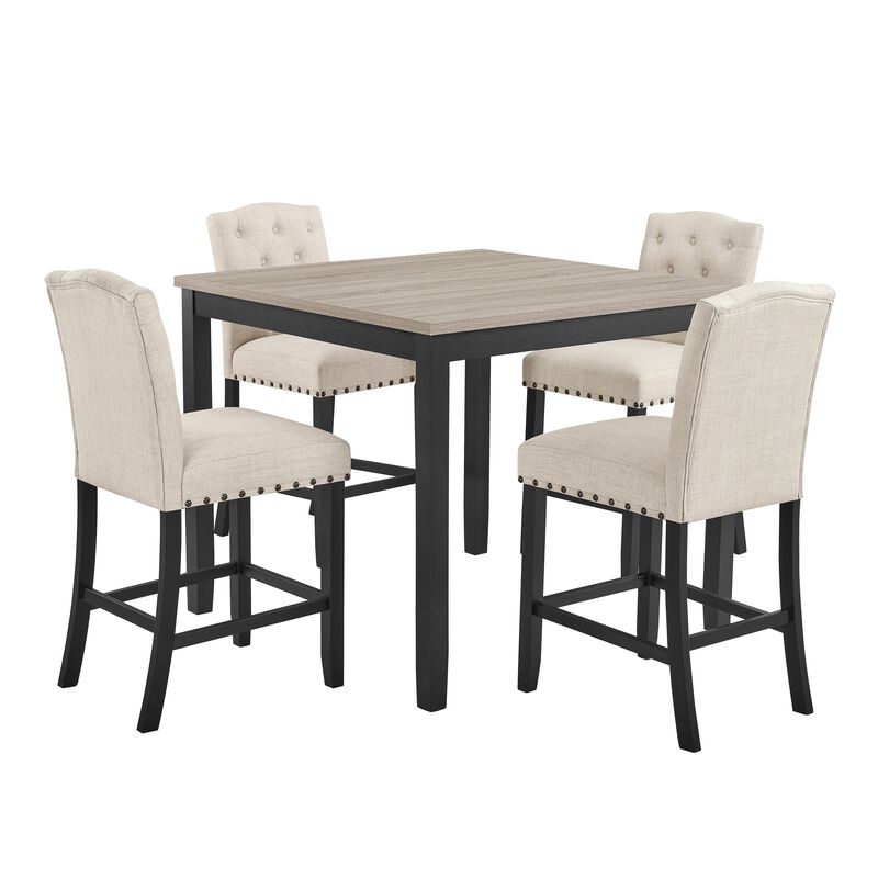 Phy 5pc Counter Table and Chairs Set, Nailheads, Tufted Beige, Brown, Black - Benzara