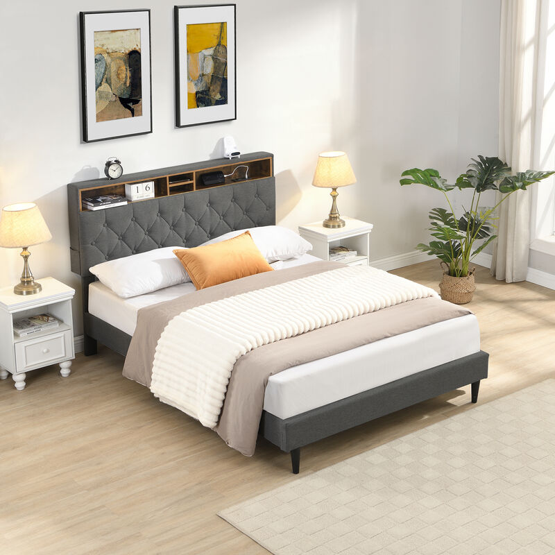 Merax Bed Frame with Storage Headboard & Built-In Charging