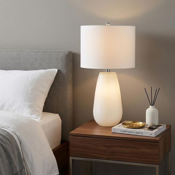HomeRoots 28" White Glass Table Lamp With White Drum Shade
