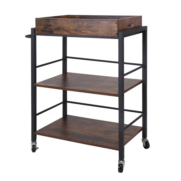 Tray Top Wooden Kitchen Cart with 2 Shelves and Casters, Brown and Black-Benzara