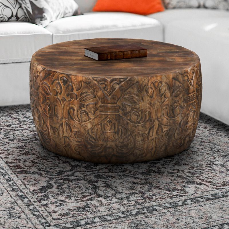 Rea 34 Inch Handcrafted Mango Wood Coffee Table, Round Drum Shape, Carved Damask Pattern, Walnut Brown