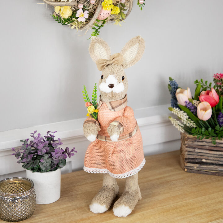 Rustic Girl Rabbit Easter Figure with Flowers - 15.25" - Beige