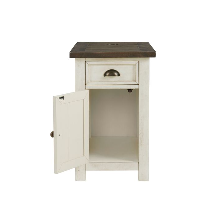 Fiya 25 Inch Chairside End Table Cabinet, Drawer, USB Ports, White, Brown-Benzara