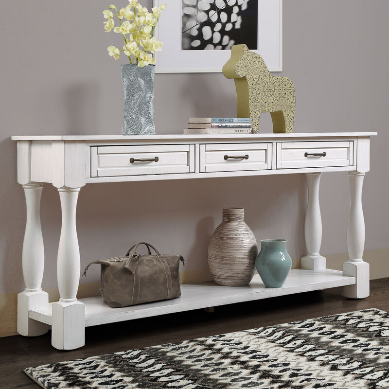 63 inch Long Wood Console Table with 3 Drawers and 1 Bottom Shelf for Entryway Hallway Easy Assembly Extra-thick Sofa Table (Antique White) image number 6