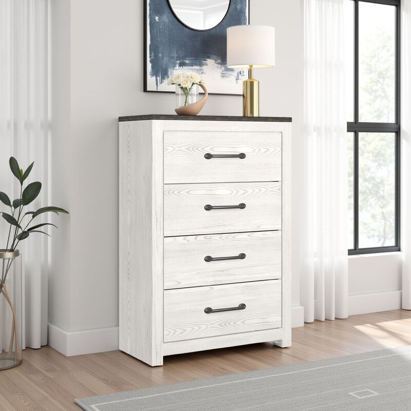 Hara Tall Dresser Chest, 4 Drawers Metal Handles, Farmhouse White Gray