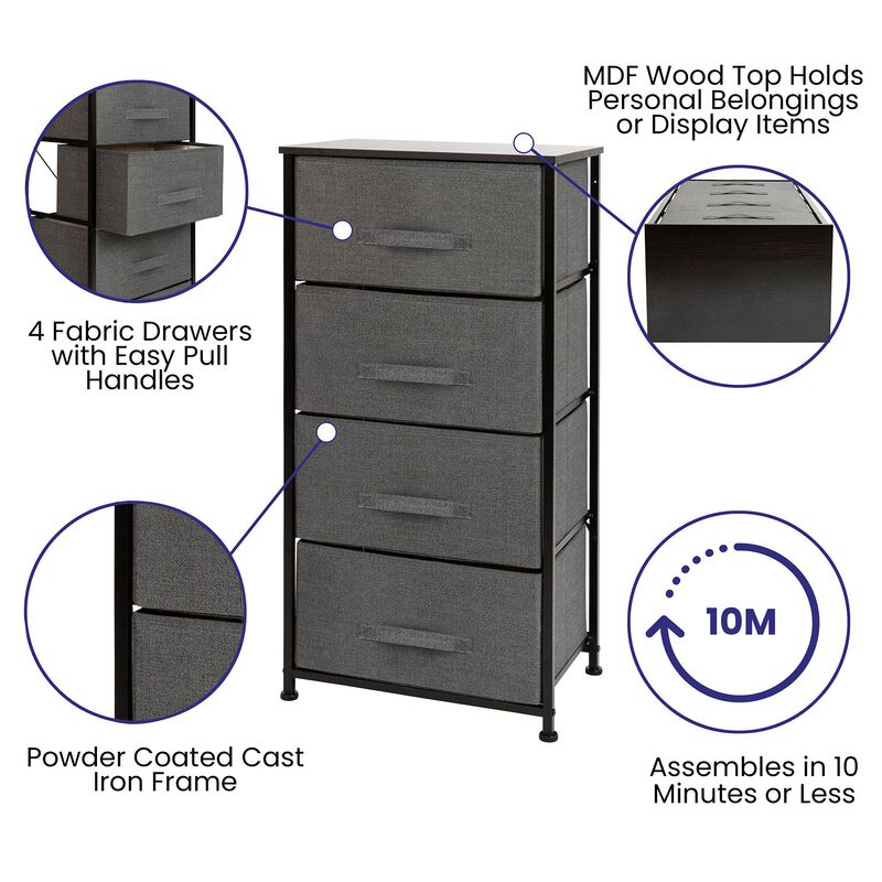 Flash Furniture Harris 4 Drawer Storage Dresser - Black Cast Iron Frame and Wood Top - 4 Easy Pull Dark Gray Fabric Drawers