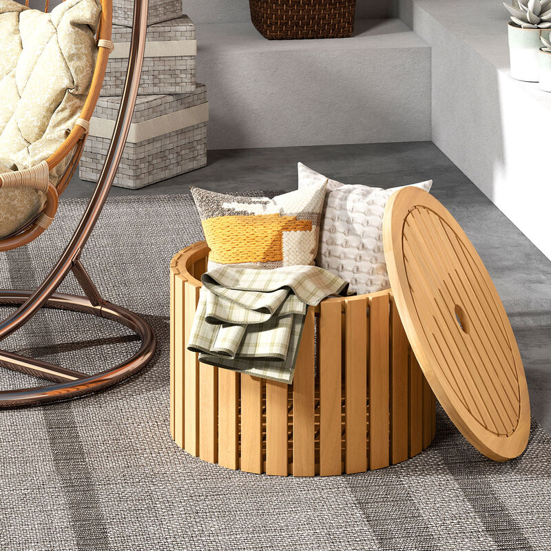 Outdoor 2-in-1 Side Table with Acacia Wood Slatted Coffee Table and Round End Storage Box-Natural image number 4