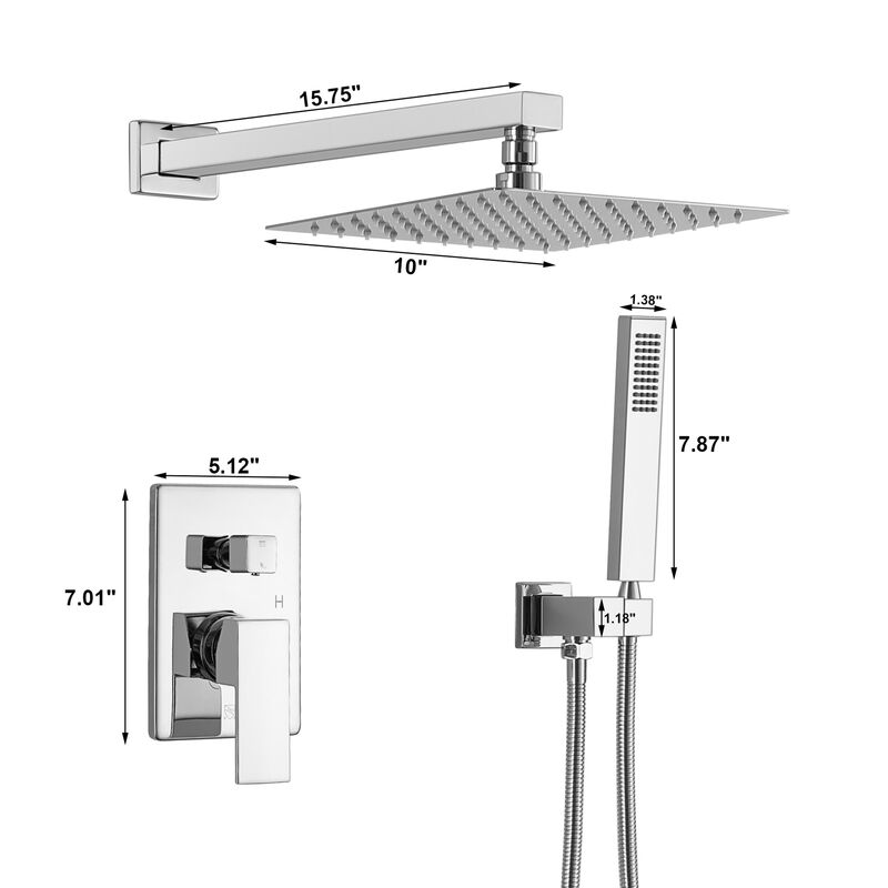 Mondawe 10-in Built-In Shower Faucet System with 2-way Diverter， Square Bathroom Shower Combo Set (Pressure-balanced Valve Included)