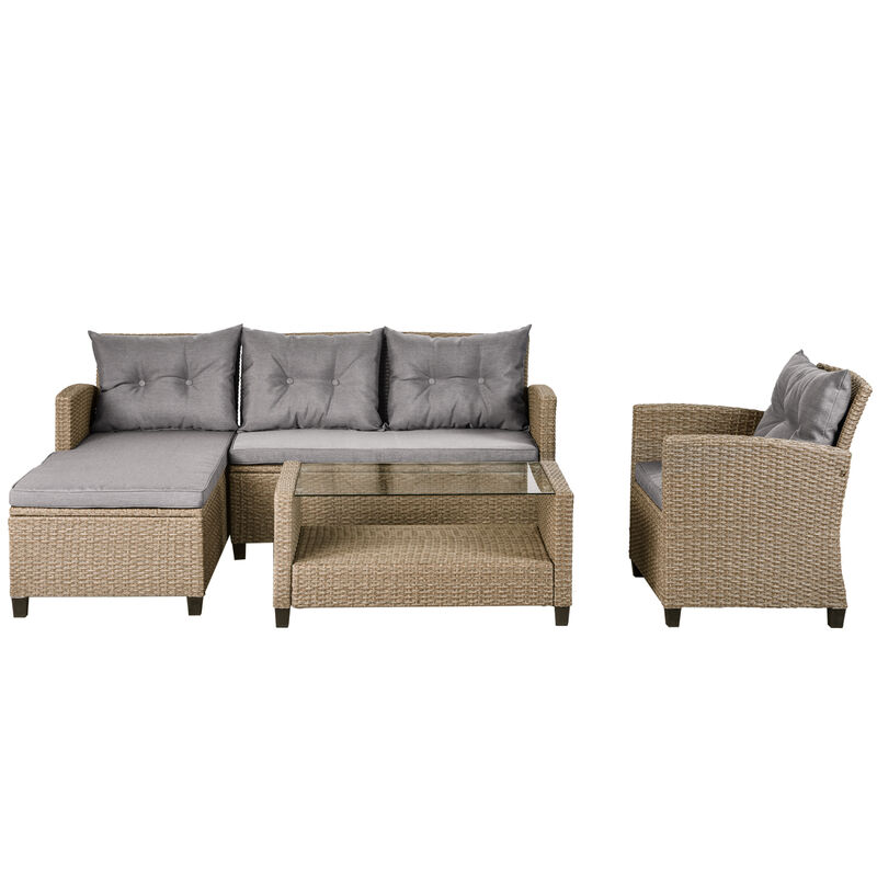 Outdoor, Patio Furniture Sets, 4 Piece Conversation Set Wicker Rattan Sectional Sofa with Seat Cushions(Beige Brown)