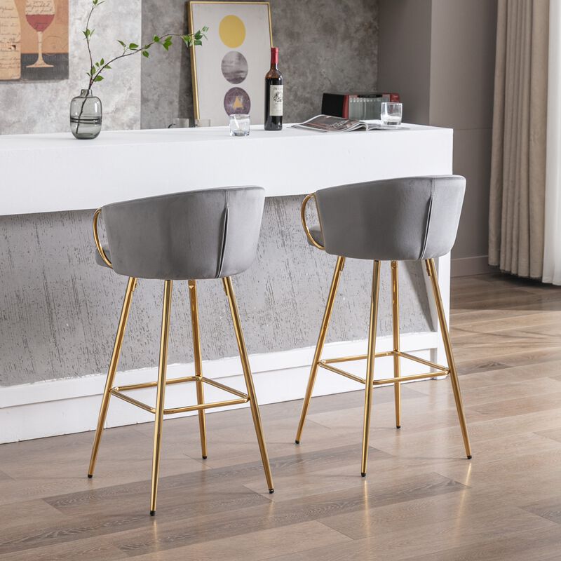 26 Inch Set of 2 Velvet Bar Stools with Chrome Footrest and Golden Base Counter Height Stools image number 1